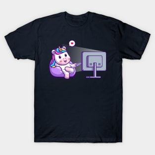 Cute unicorn watching cartoon on tv T-Shirt